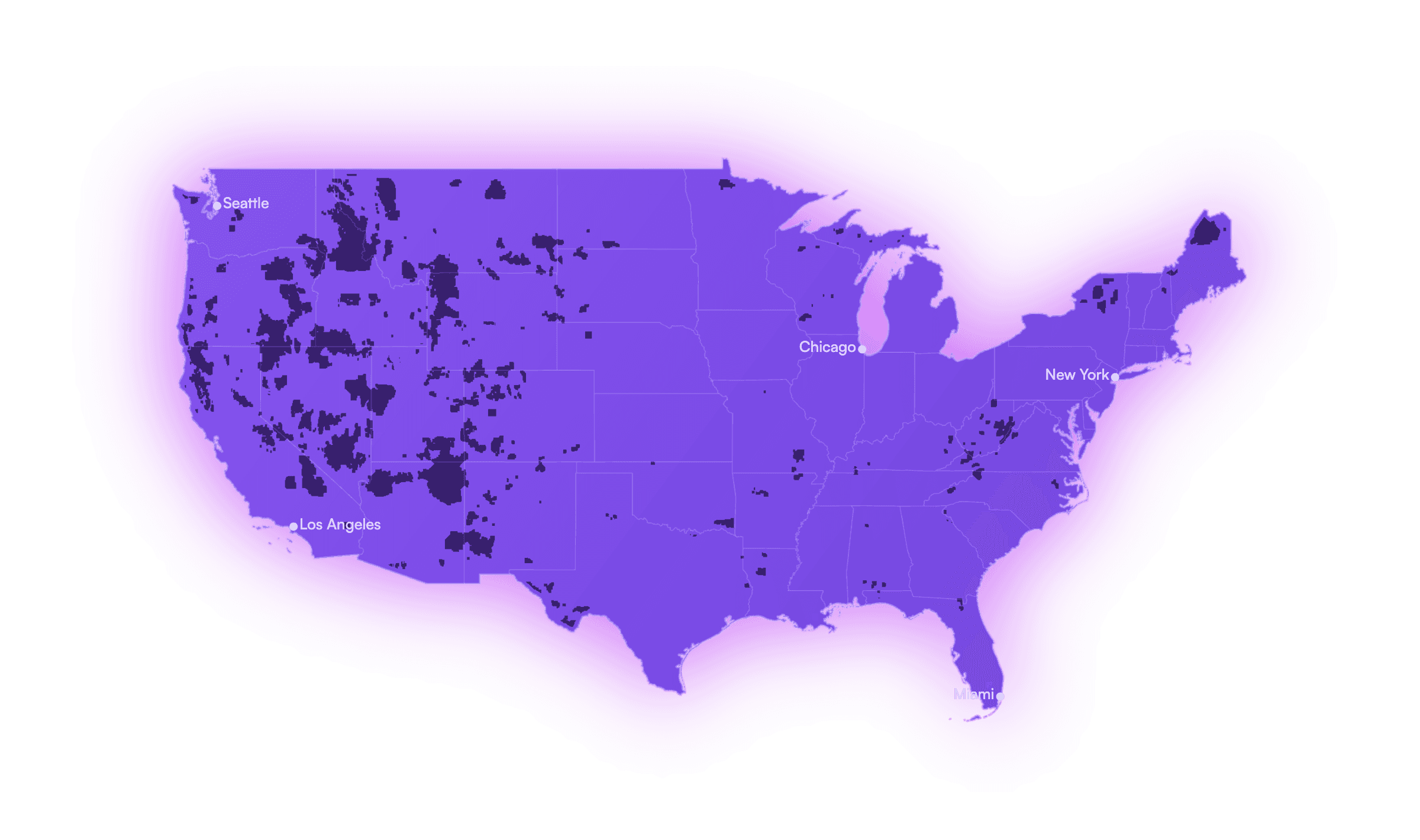 Map of the United States shaded to show Vetra's nationwide 5G coverage
