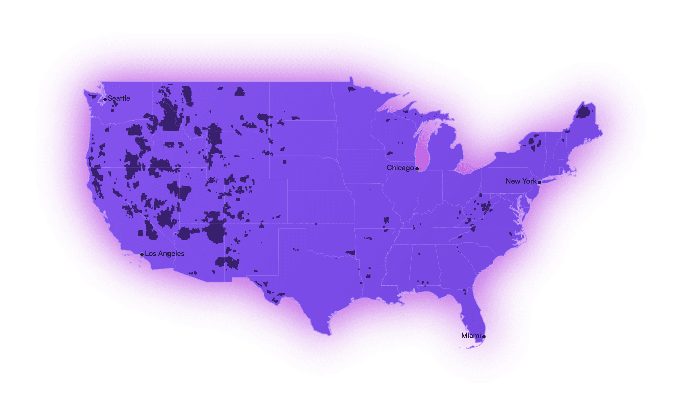 Map of the United States shaded to show Vetra's nationwide 5G coverage