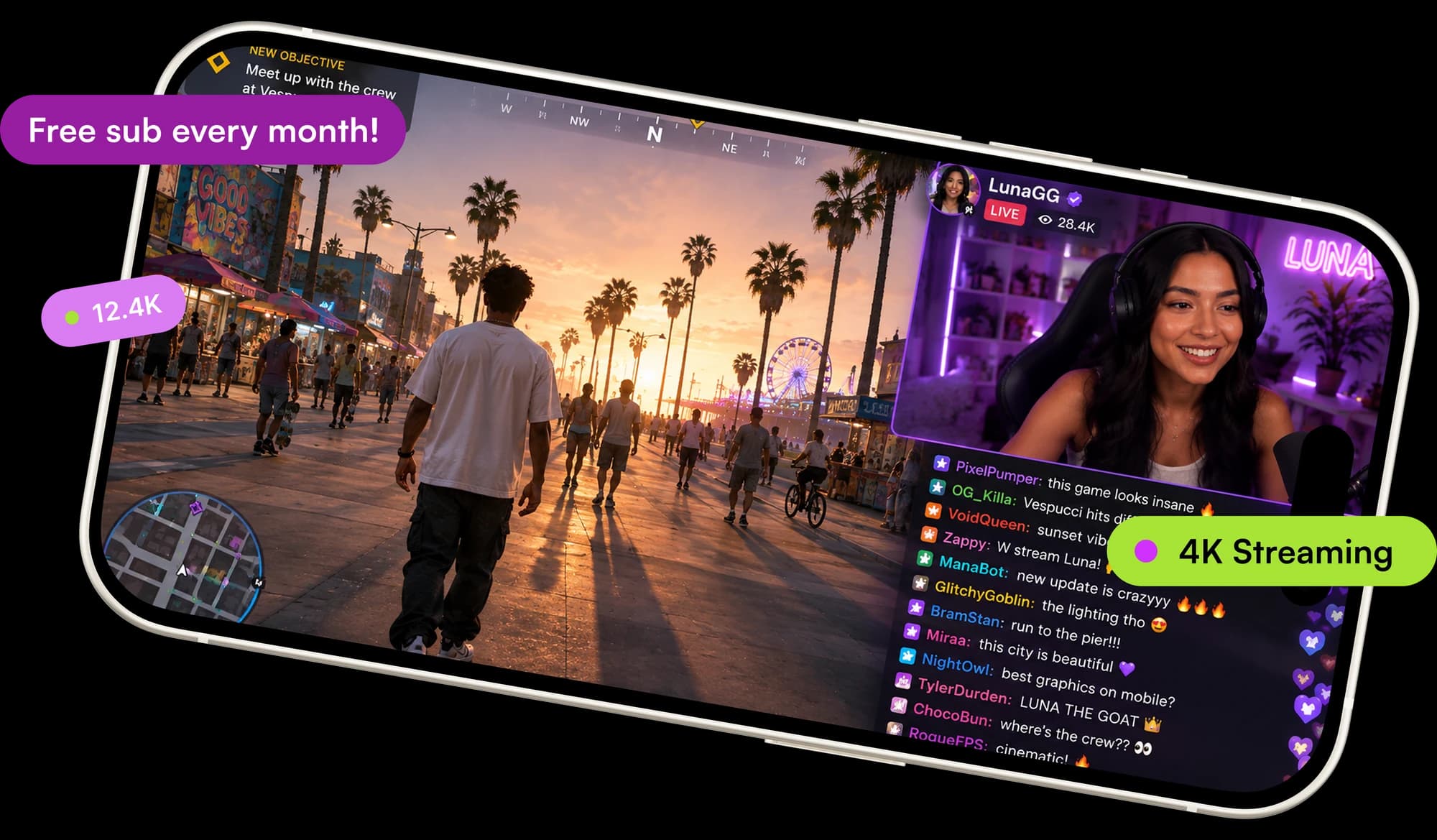 Phone running a mobile game alongside a creator's live stream, with Vetra perks like a free monthly sub and 4K streaming