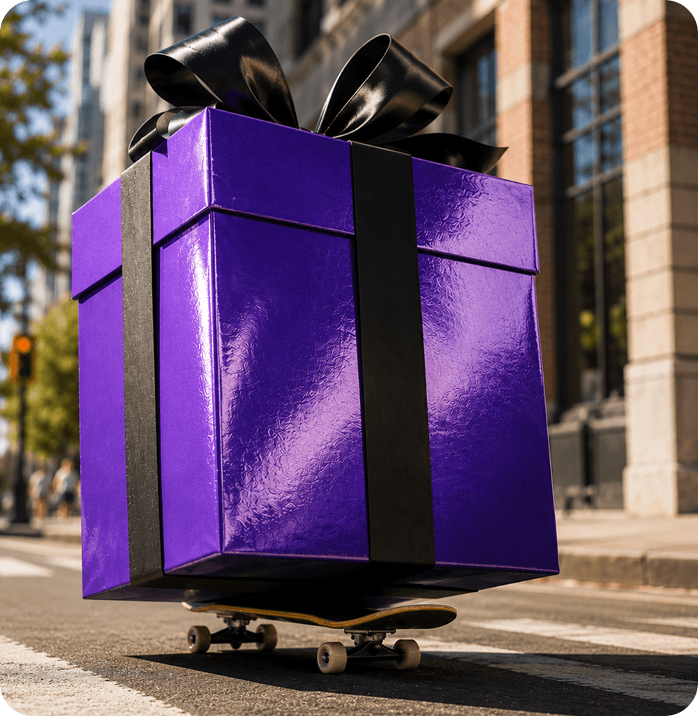 A large purple Vetra gift box rolling down a city street on a skateboard